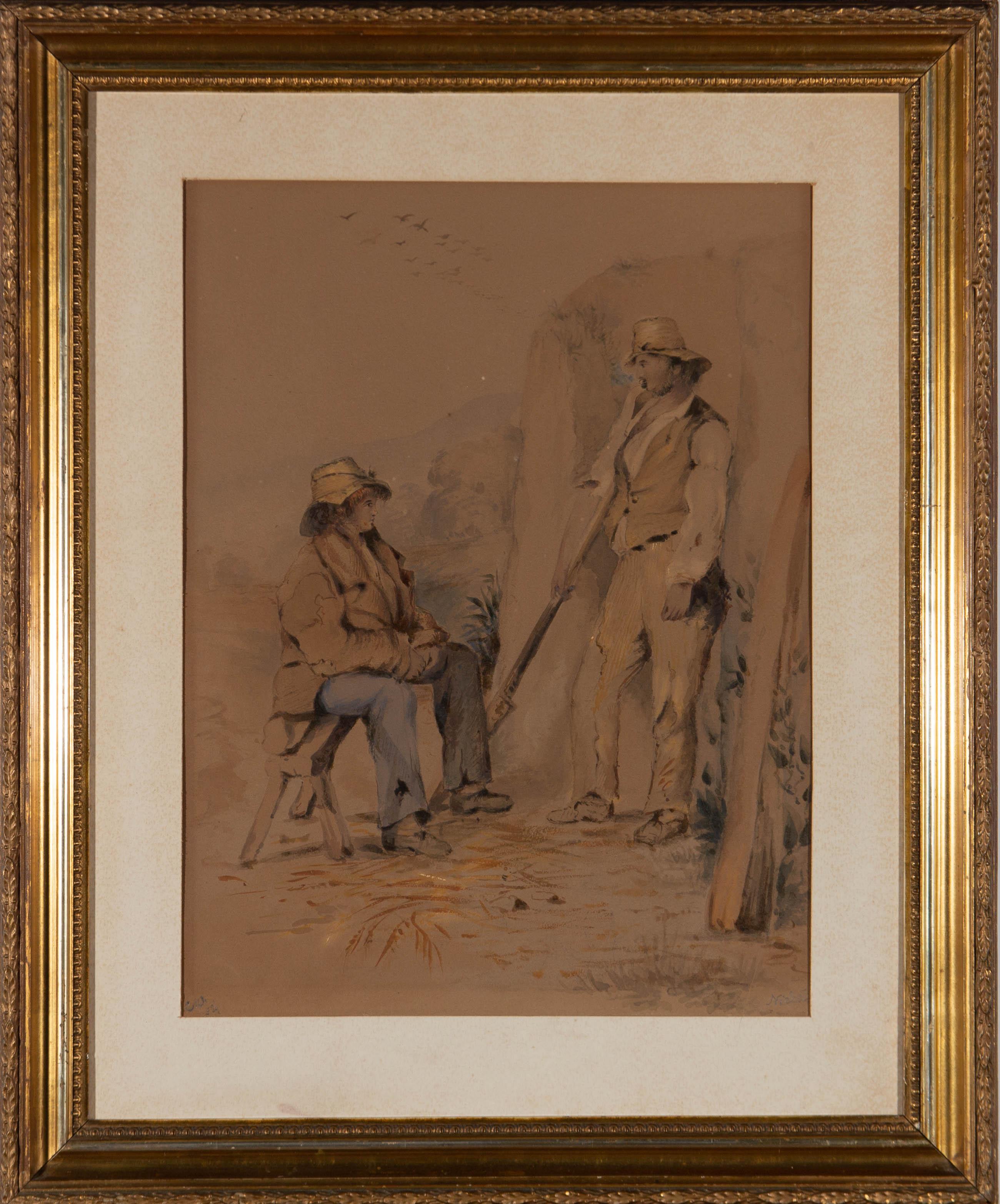 A charmingly rustic watercolour showing two men resting from their work, having a conversation. This watercolour is in the manner of the Scottish genre scene painter, Erskine Nicol. The scene captures much of realism and honesty of daily life for