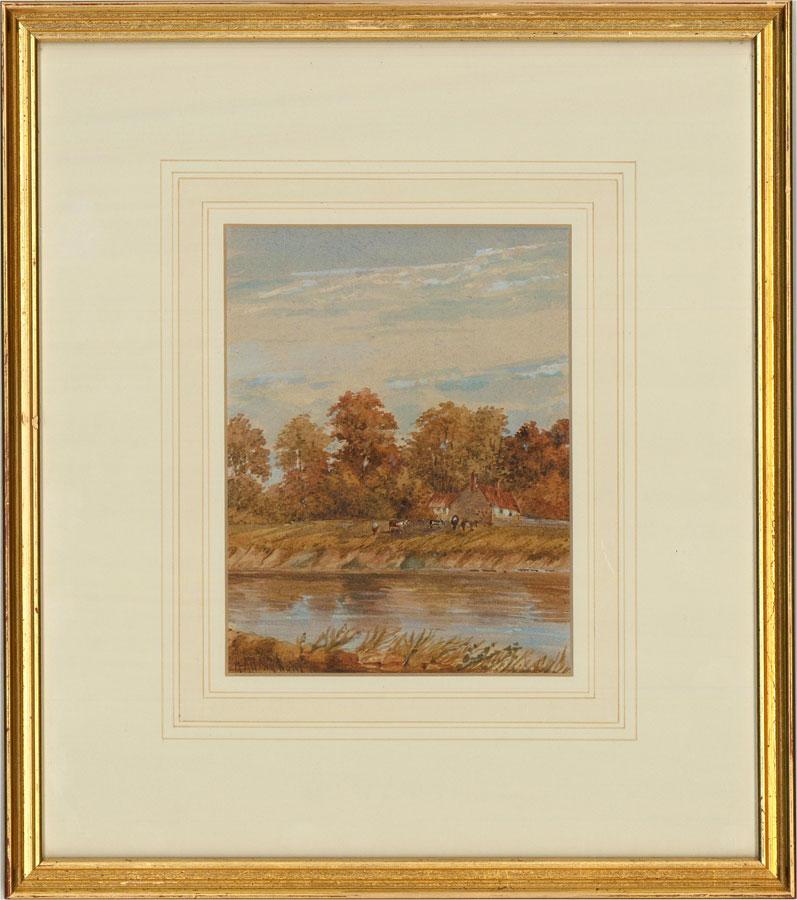 A delicate and accomplished watercolour scene showing a group of cows grazing on the banks of a glittering river, by a farmhouse cottage. The signature H. Allingham can be seen to the lower left. This signature is incredibly similar to that of the