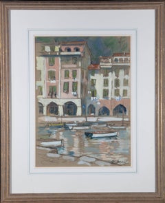 Gouache du milieu du XXe siècle - Scène de port continentale