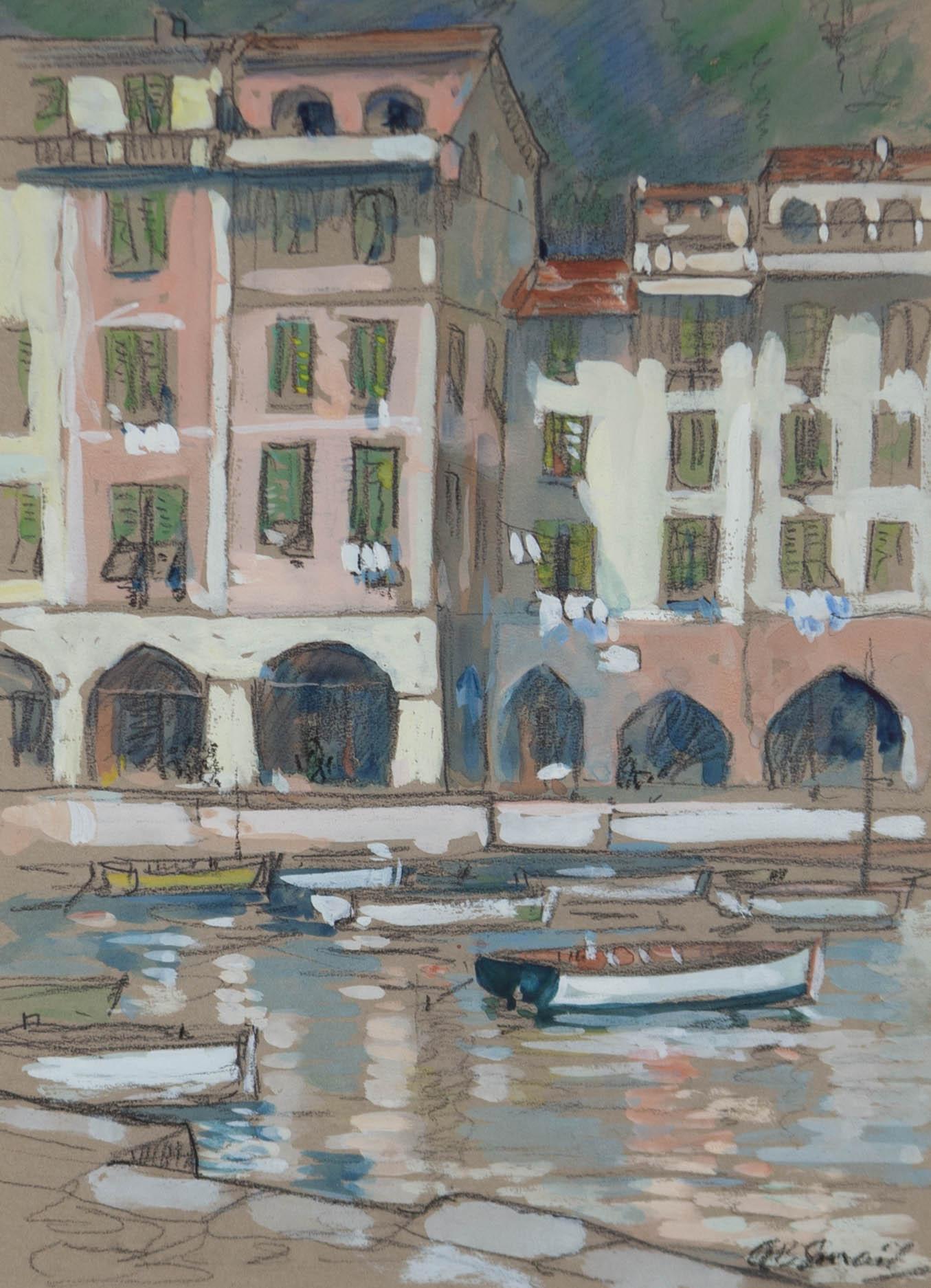 Mid 20th Century Gouache - Continental Harbour Scene - Art by Unknown