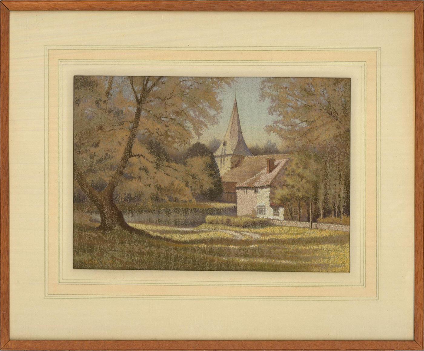 A pastel drawing of Bury Church in Sussex, shown from the grounds in springtime. A small path is seen leading through a meadow towards the church. It is well presented in a wash line mount and simple wooden frame. Signed in the lower left.

On wove.