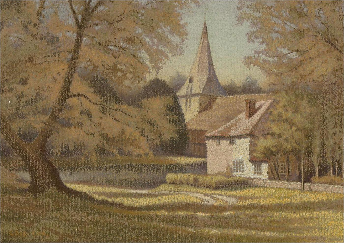 Eric E. Cox - Signé Mid 20th Century Pastel, Bury Church, Sussex en vente 1