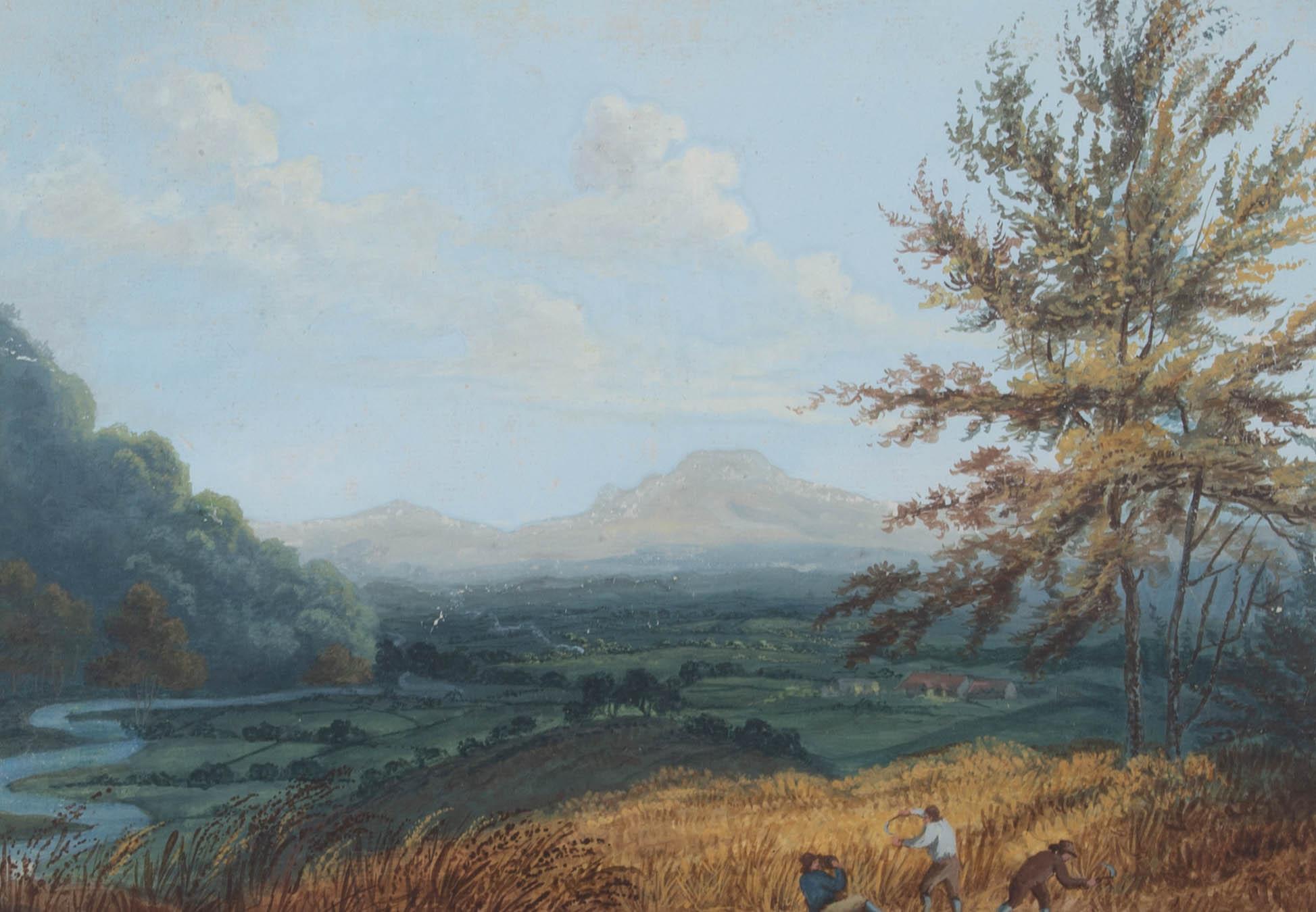 A fine gouache and watercolour landscape. Figures wield sickles in the foreground while a river winds through the countryside towards the mountains in the distance. Very well presented glazed in a wash line mount and a birdseye maple veneer frame.