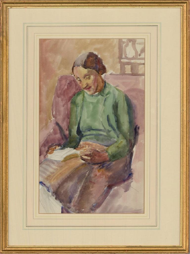 A captivating watercolour painting with graphite details by the artist Dorothy Hepworth. The scene depicts a lady in a green jumper, sat in a pink armchair. The colour palette and thoughtfulness of the composition clearly highlight the artist's