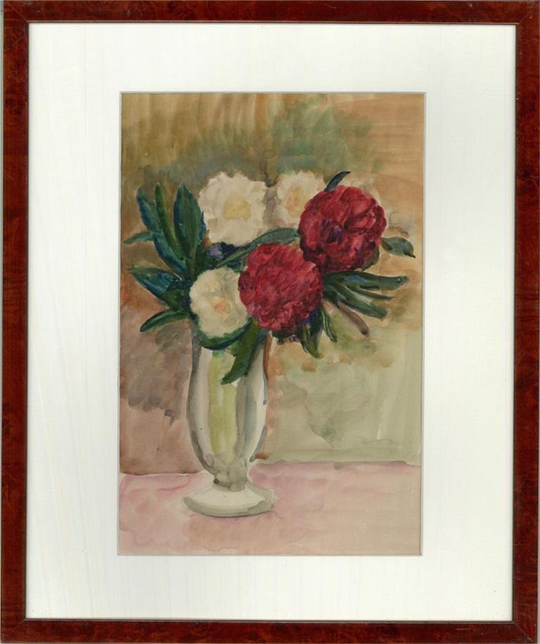 A captivating watercolour painting with gouache details by the artist Dorothy Hepworth, depicting a still life scene with a flower vase. Unsigned. Well-presented in a white card mount and in a dark burr wood veneer frame, as shown. On wove.
