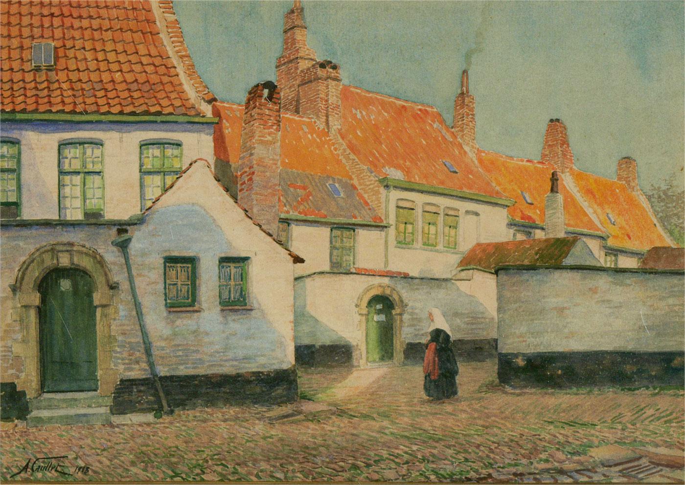 A charming early 20th Century watercolour showing a nun walking through the buildings of an old school house. The sun is shining down onto the red tiled roofs and casting shafting shadows on the cobbles at the nun's feet. The artist has signed and