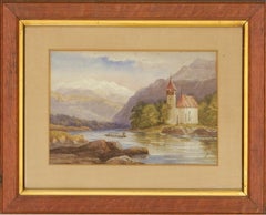Antique Mid 19th Century Watercolour - Alpine Church