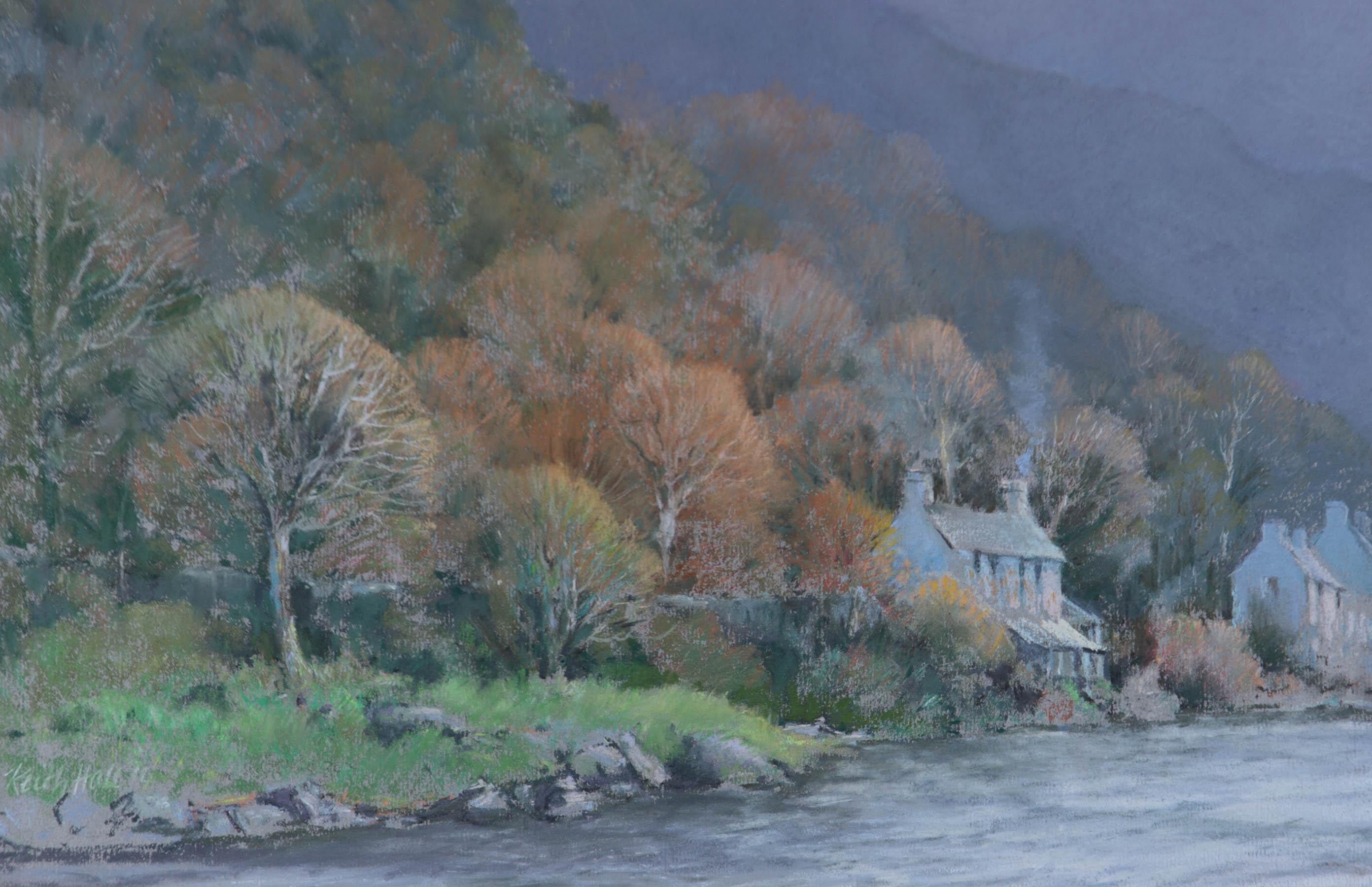 Keith Hall - Signed 2014 Pastel, Cottages on the Riverbank 1