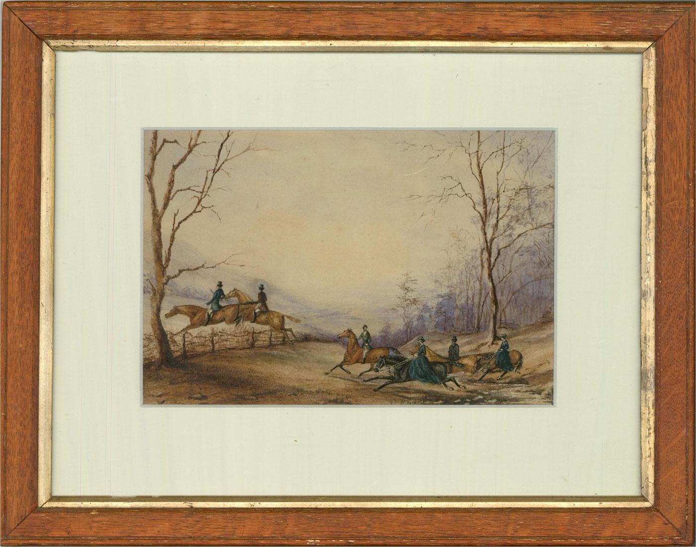A fine watercolour depicting a hunting party tackling a stream and hedge. The members of the party include Lord and Lady Bolton and Sir Edward Augustus Inglefield, a Royal Navy officer who led one of the searches for the missing Arctic explorer John