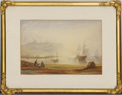 Antique Naive Early 19th Century Watercolour - Harbour Scene