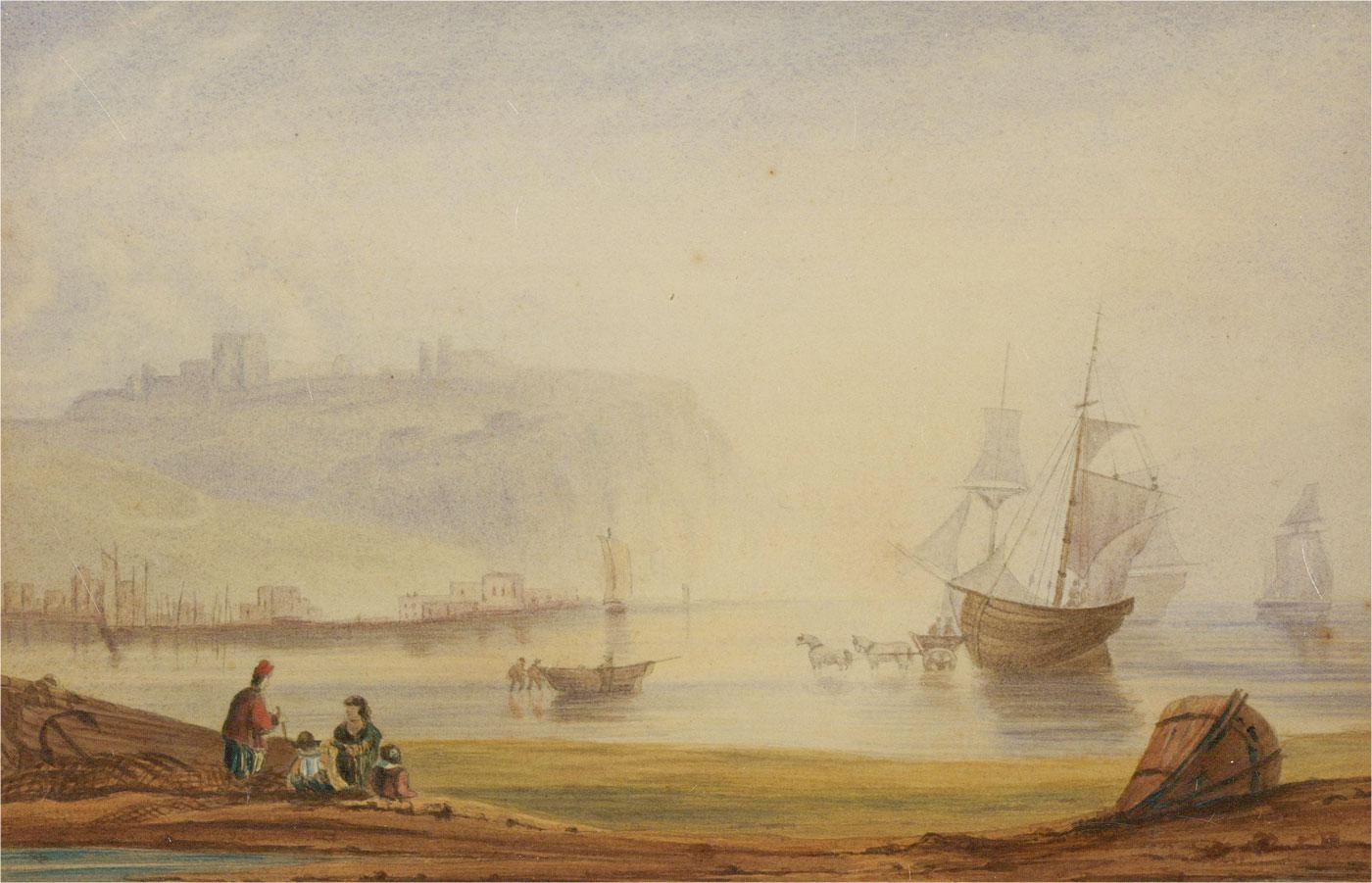 Naive Early 19th Century Watercolour - Harbour Scene - Art by Unknown