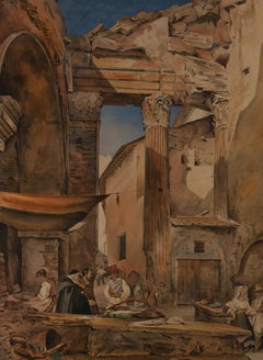 Framed Early 19th Century Watercolour - Fish Market, Portico of Octavia, Rome