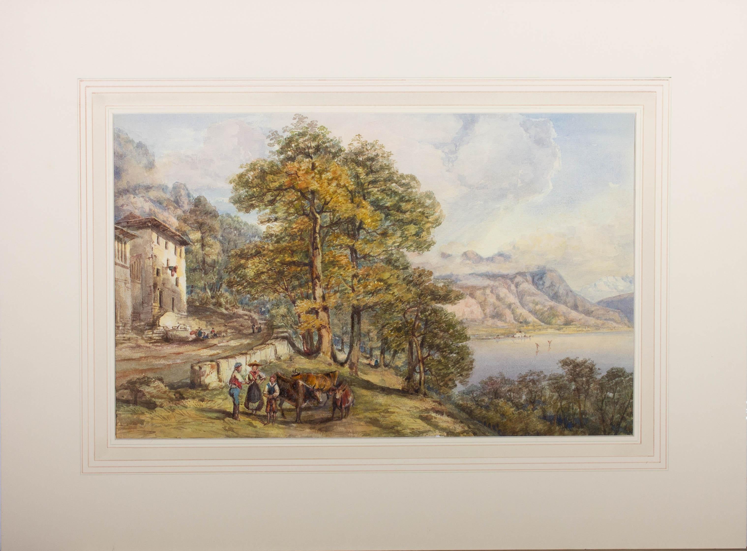 Vue à l'aquarelle et à la gomme arabique le long de la côte entre Montreux et le château de Chillon en Suisse, avec des personnages et du bétail au premier plan. Le filigrane date la peinture de 1849. L'artiste a peint cette scène trois fois, les