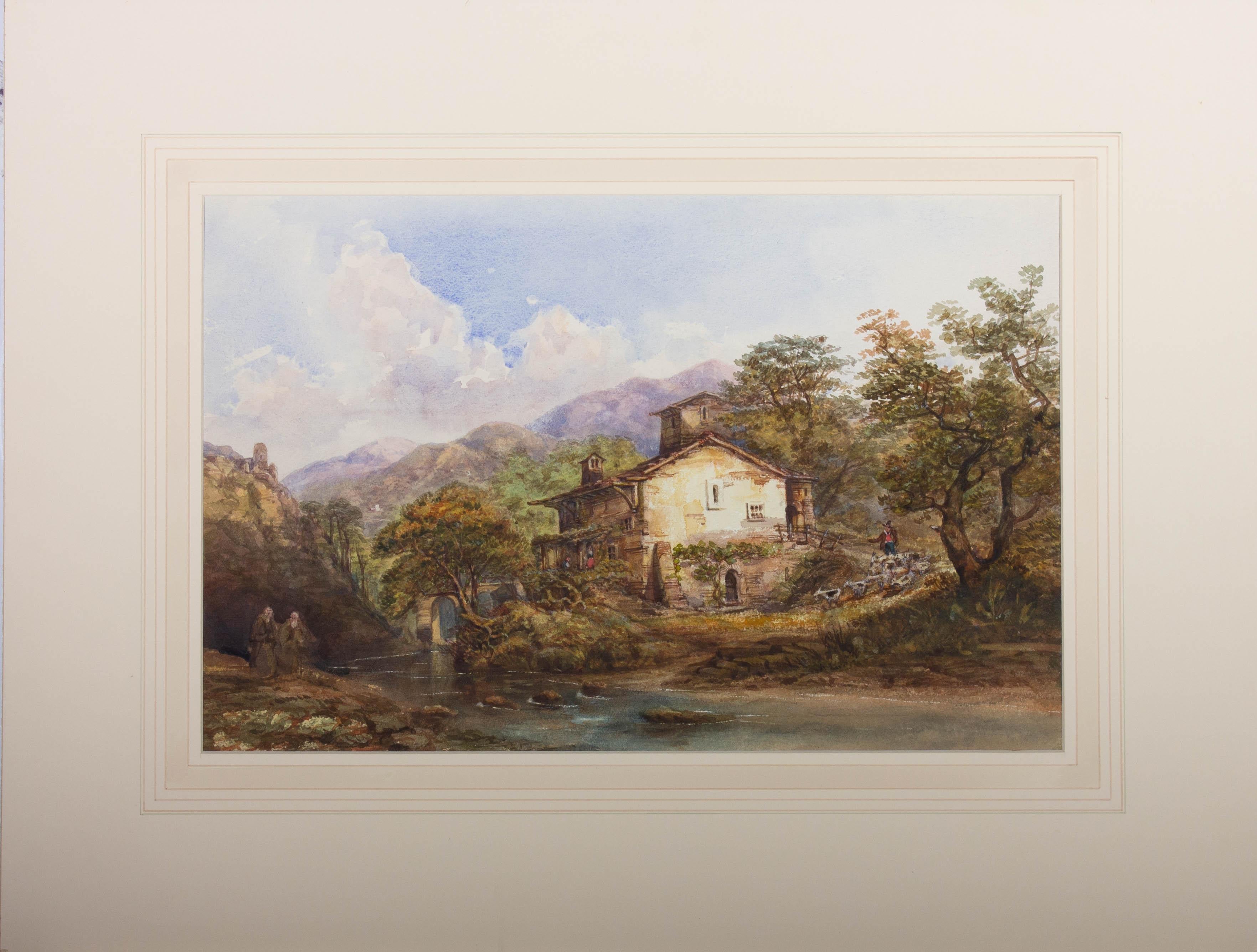 Mid 19th Century Watercolour - Mountain Chalet - Brown Landscape Art by Unknown