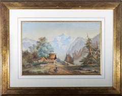 Antique Mid 19th Century Watercolour - Hamlet in the Mountains