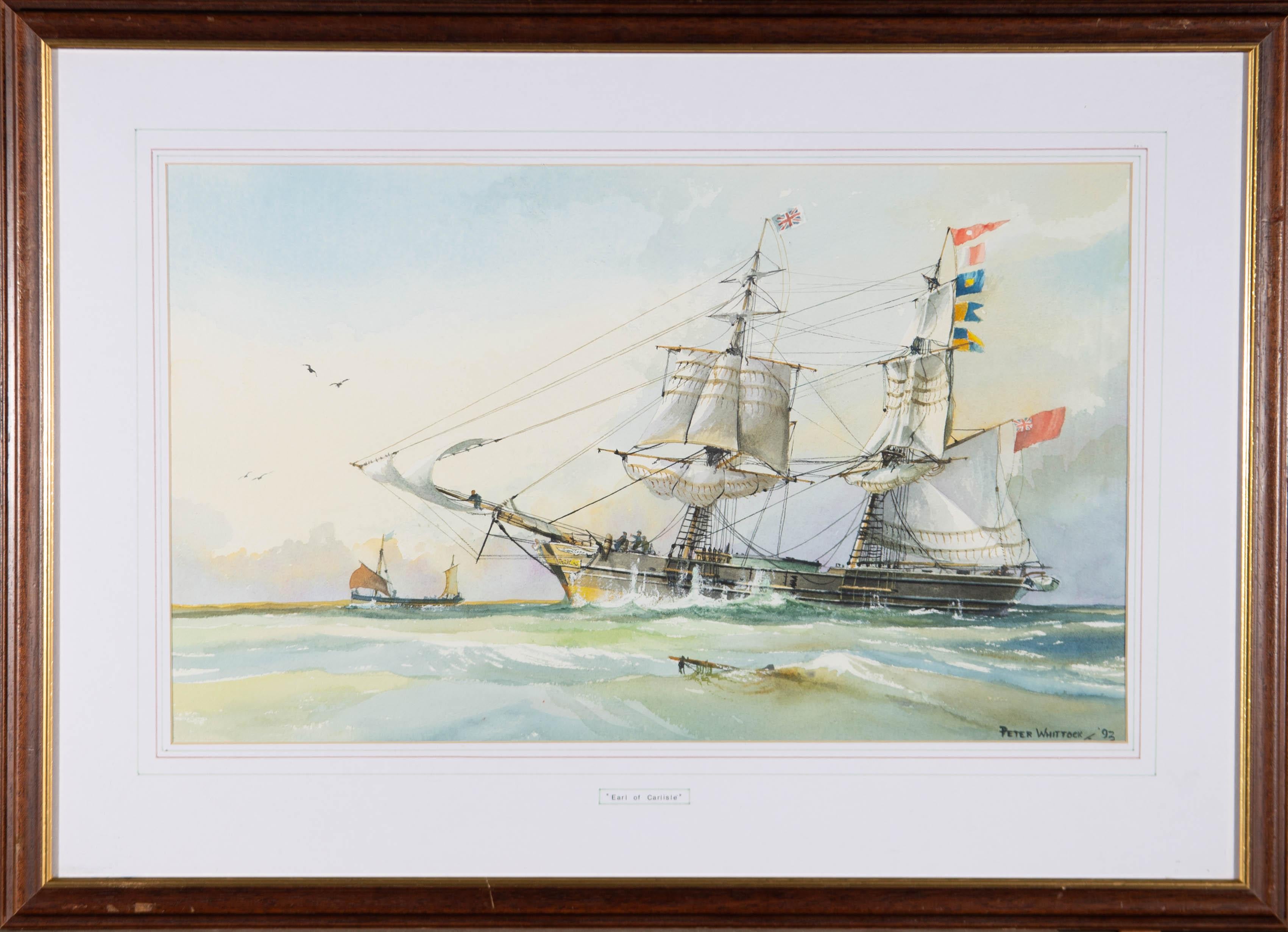 A watercolour painting of the 19th-century ship the Earl of Carlisle. Presented glazed in a wash line mount and a wooden frame with a gilt-effect inner edge. Signed and dated to the lower-right edge. The name of the ship is inscribed at the centre