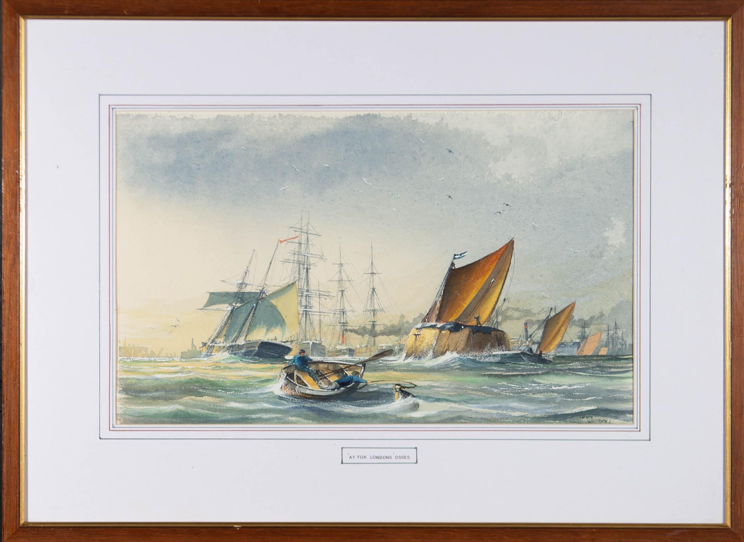 A watercolour and body colour painting of ships and a wave-tossed rowing boat. Presented glazed in a white mount and a wooden frame with a gilt-effect inner edge. The title is inscribed at the centre of the lower edge of the mount. Signed to the