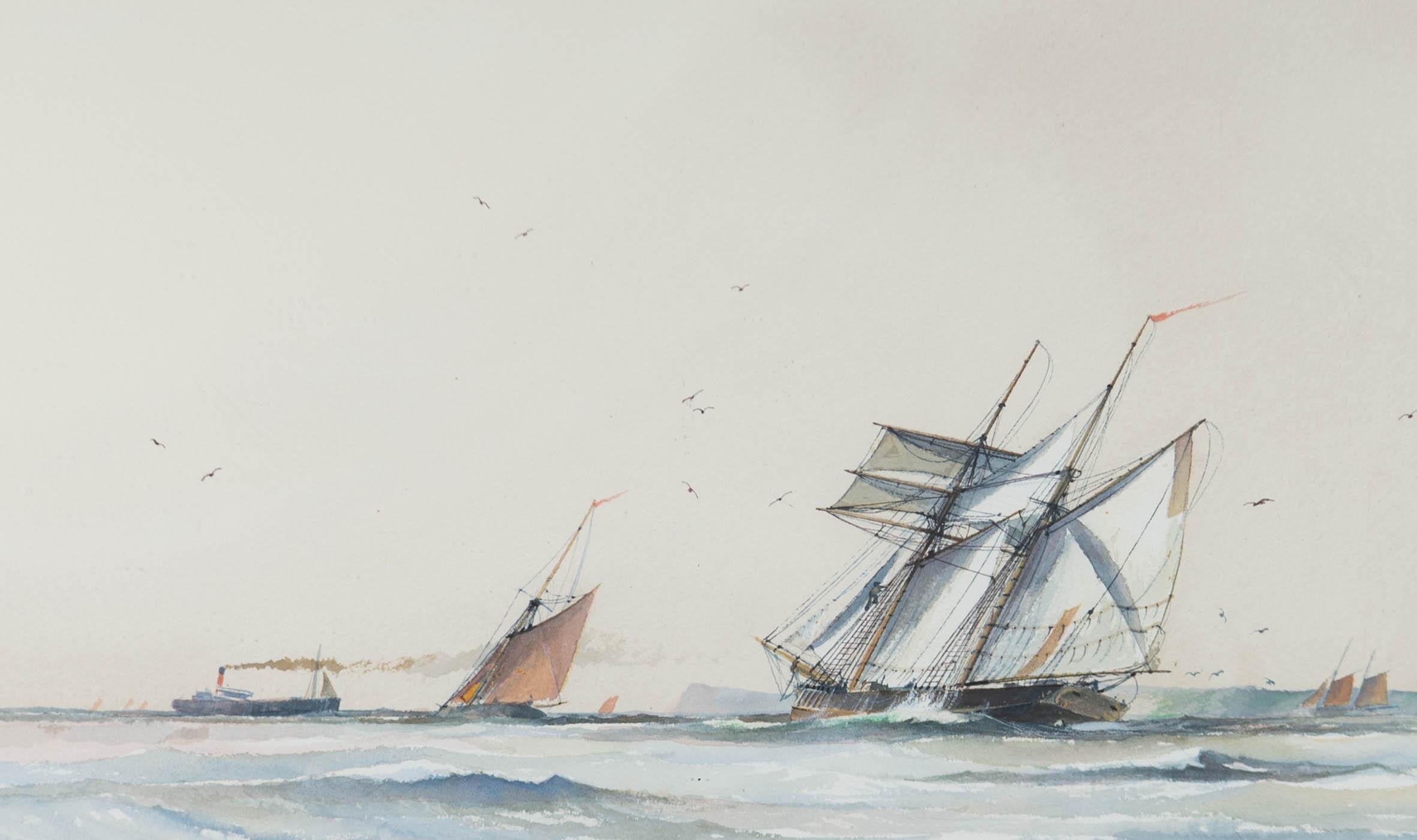 A nautical scene off the North Foreland, a chalk headland on the Kent coast of southeast England. There is an artist's label on the verso, inscribed 'Topsail schooner under all plain sail, on the port tack, about to round the North Foreland. In