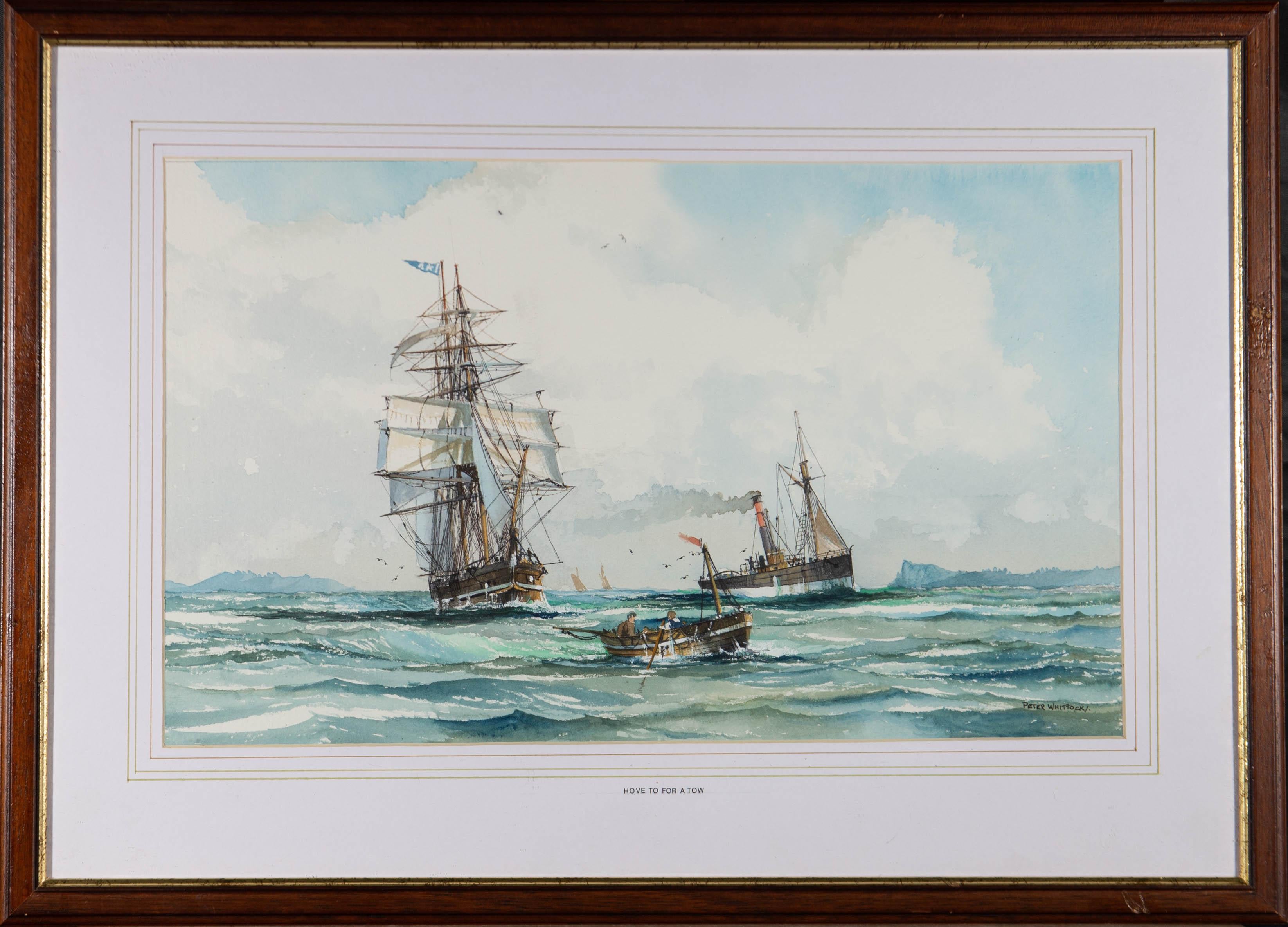 A watercolour piece showing ships on the sea with a row boat containing two figures in the foreground. Well presented in a wash line mount and wooden frame. The title is inscribed to the lower edge and the artist has signed in the lower right. On