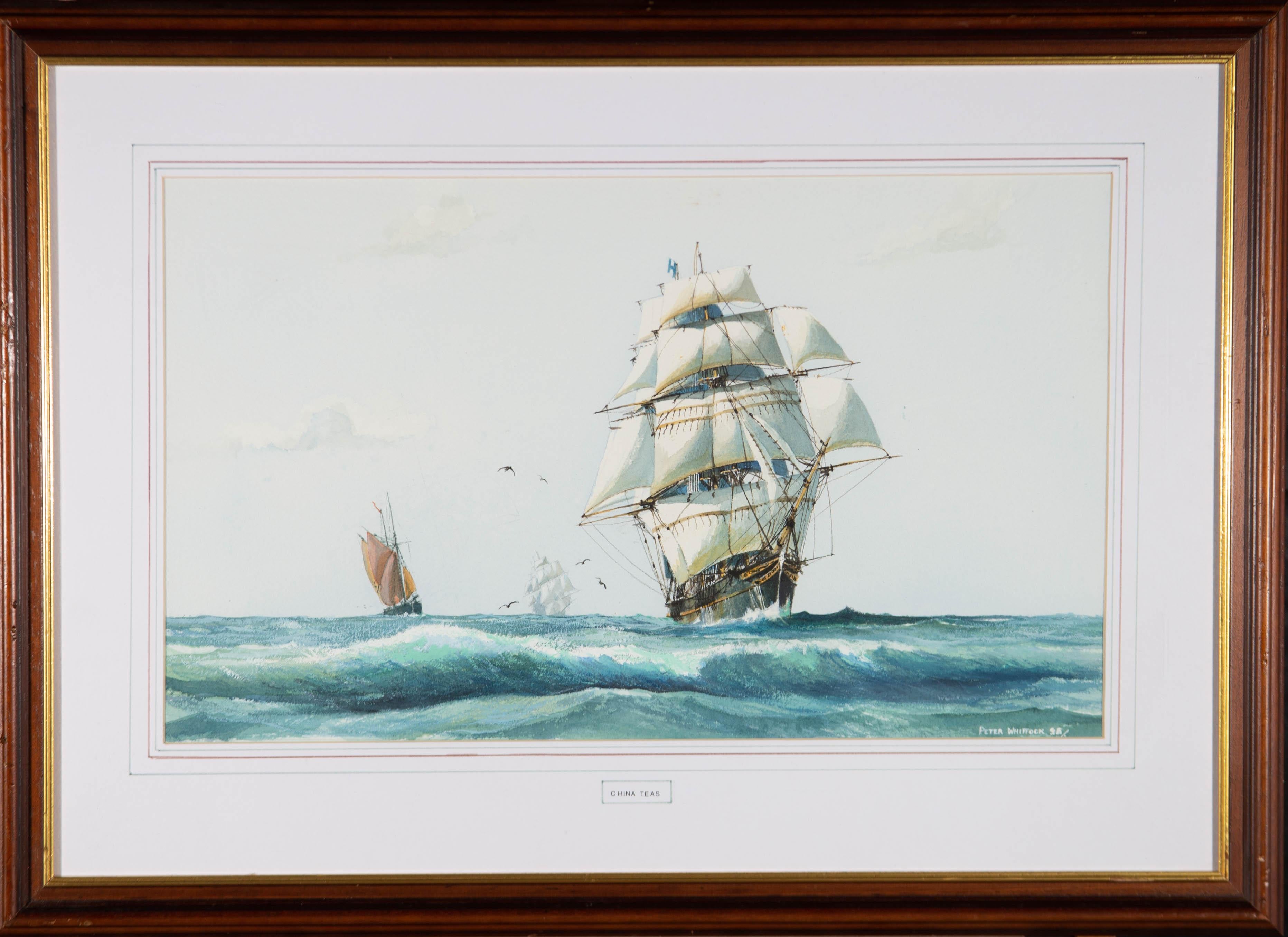 A watercolour and body colour painting depicting a China tea clipper. Presented glazed in a white mount and a wooden frame with a gilt-effect inner edge. The title is inscribed at the centre of the lower edge of the mount. Signed and dated to the
