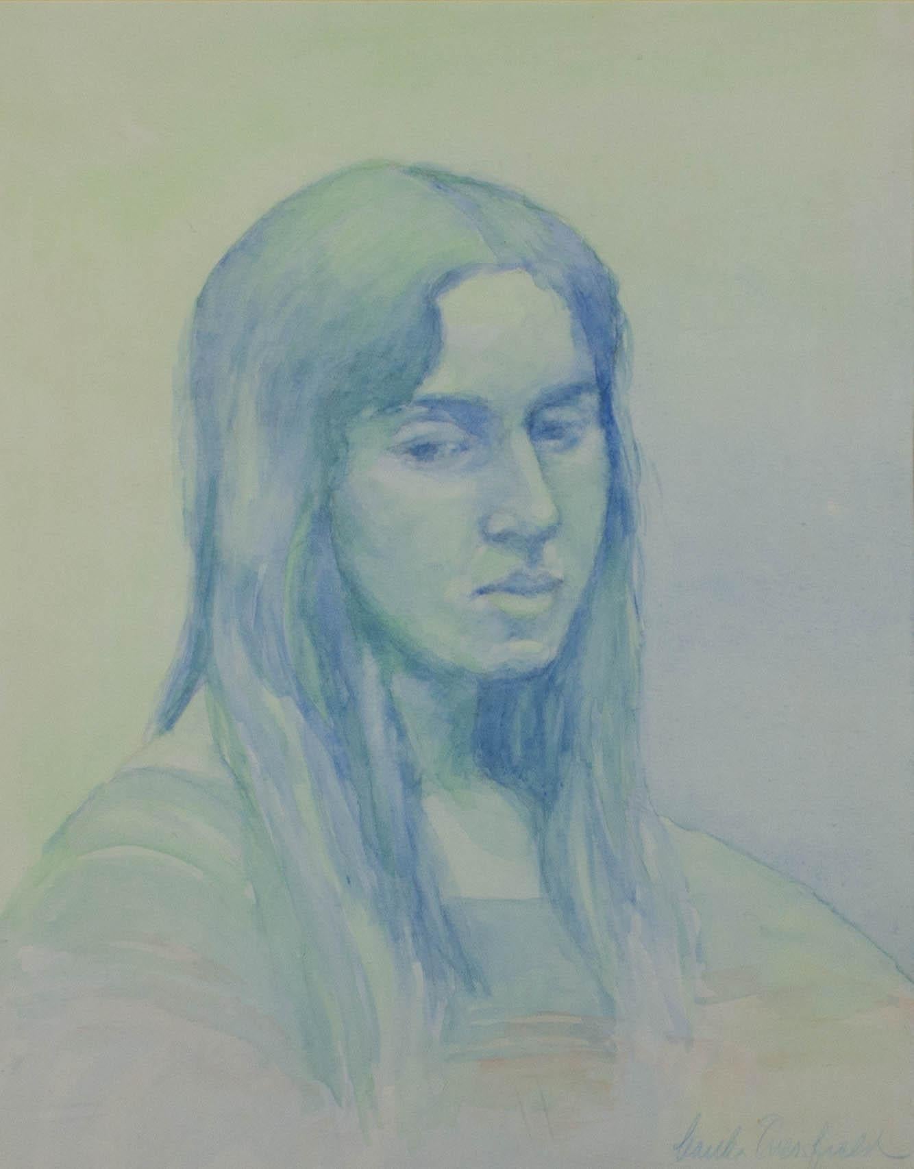 A delicate portrait in watercolour showing a woman, deep in thought. The artist has used a soft palette to add the the contemplative tone of the portrait. The artist has signed to the lower right and the painting has been presented in a white frame