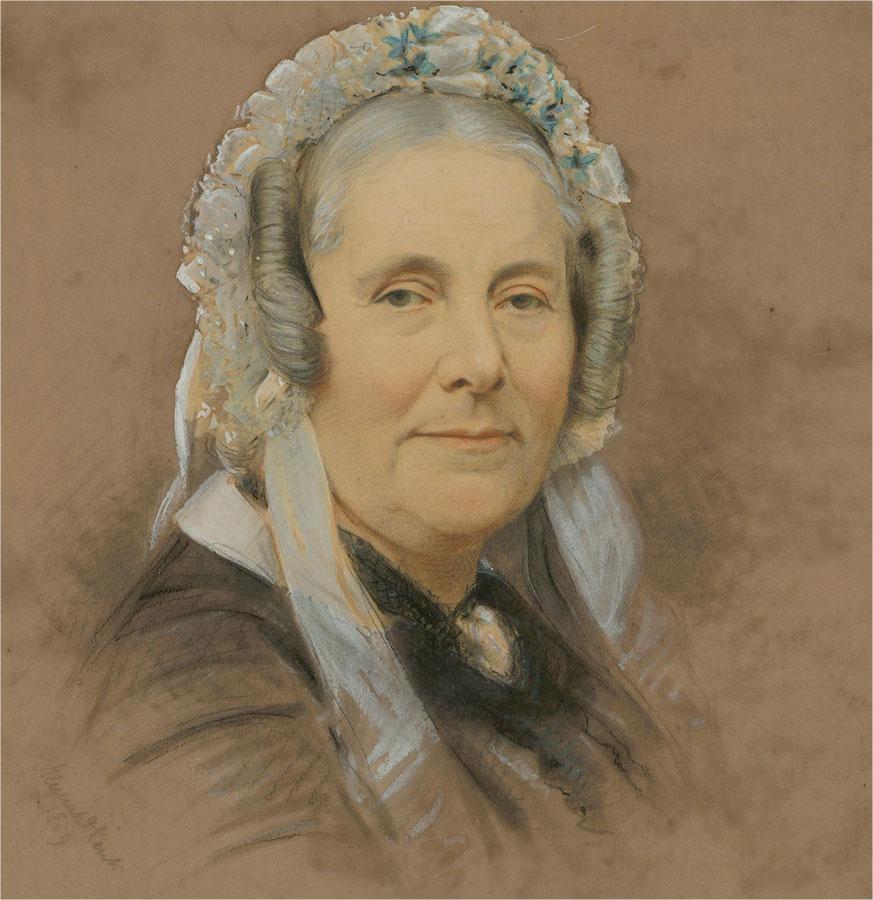 A watercolour and pastel portrait of a matriarchal woman. Presented glazed in a blue mount and a distressed gilt-effect wooden frame. Signed and dated to the lower-left corner. On wove.
