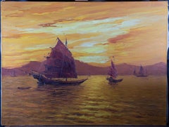 F. C. Fung - Contemporary Watercolour, Chinese Junk Boats At Sunset