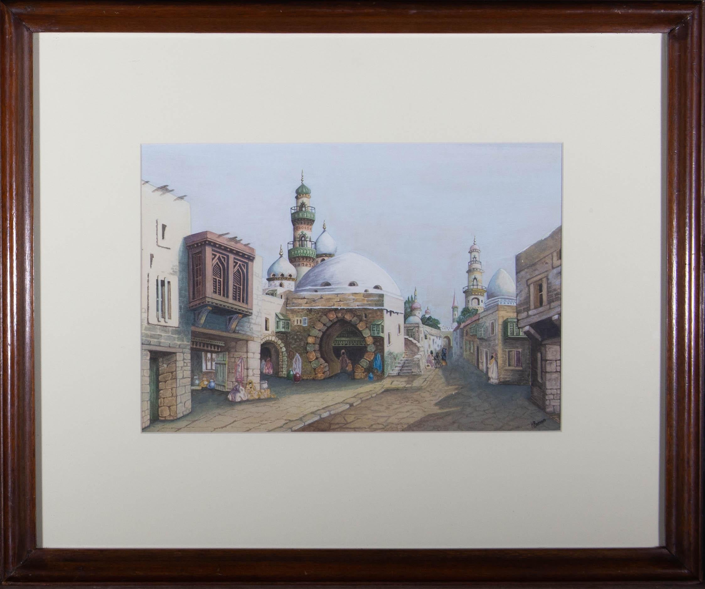 A captivating watercolour painting with gouache details by H. Barnard, depicting a North-African street scene with figures. Signed to the lower right-hand corner. Well-presented in a cream card mount and in a wooden frame, as shown. On wove.
