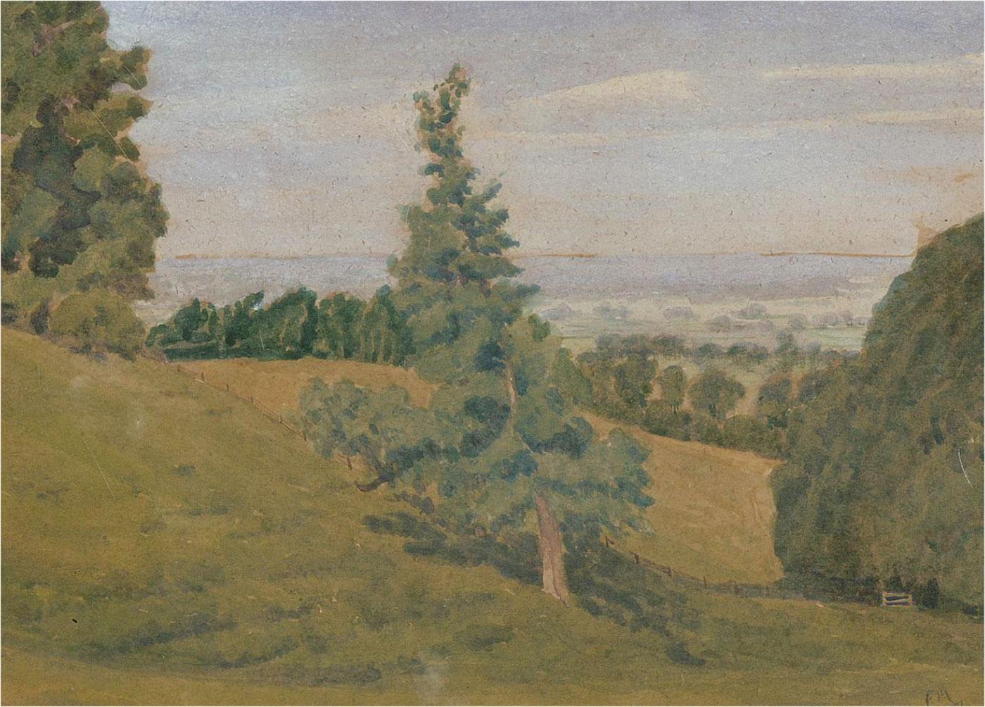 F. M - Early 20thC Watercolour, Summer On The Rolling Green Hills Of England For Sale 1