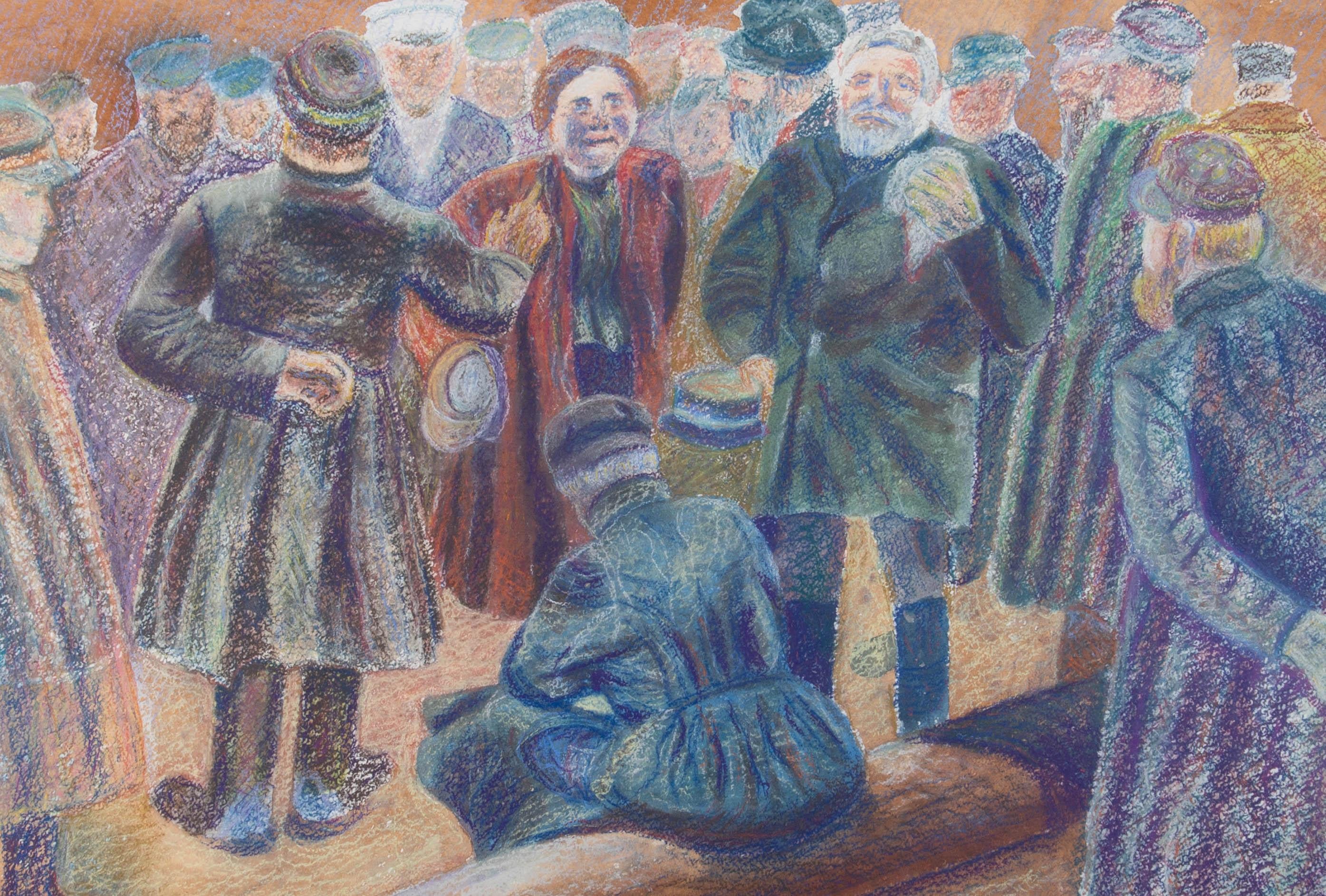 A colourful and accomplished chalk pastel scene depicting a crowd, possibly of Russian figures. A man with his back to the viewer takes charge of the crowd at the left of the composition, while a further figure rests on a log or mast in the