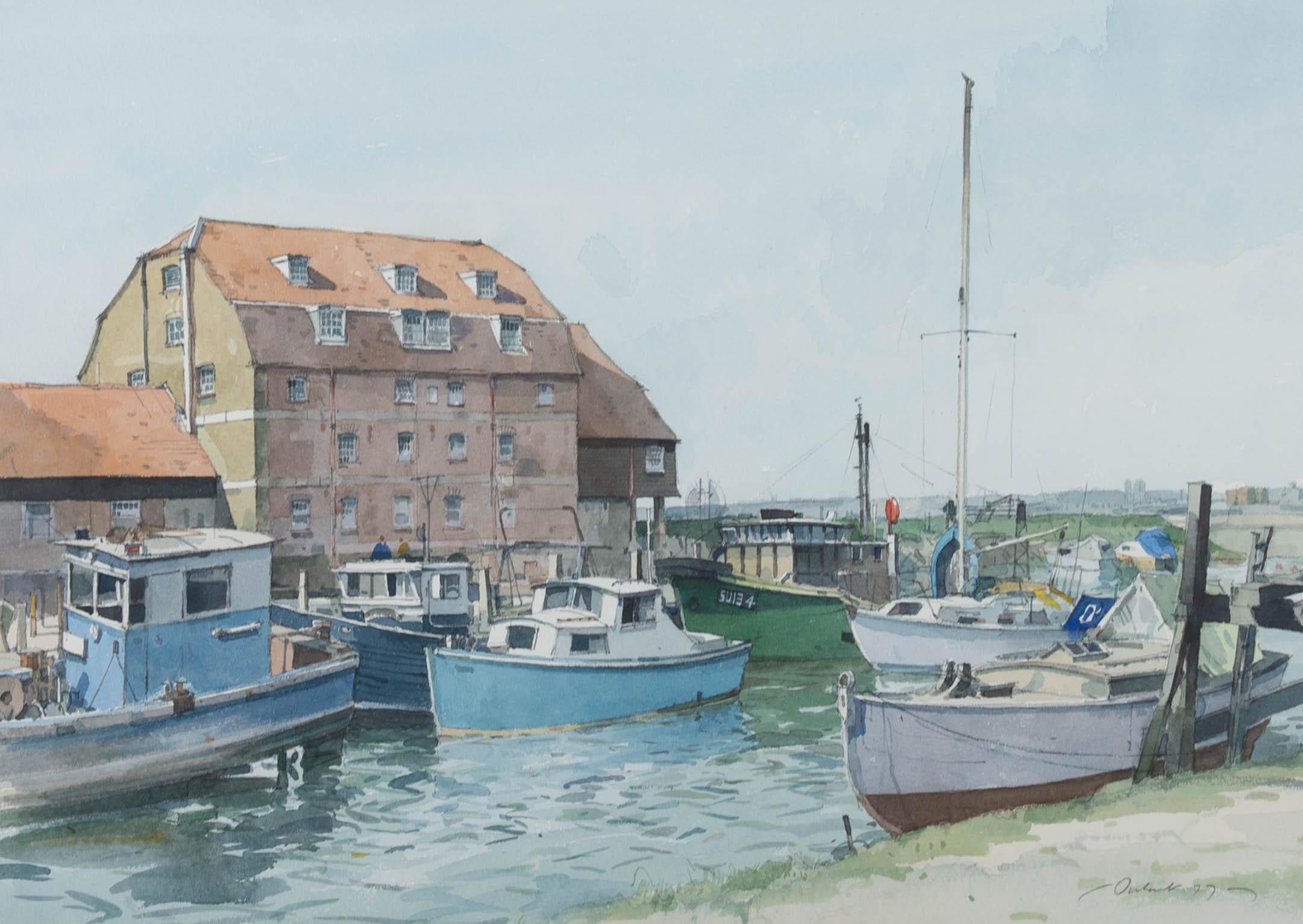 1977 Watercolour - Small Town Harbour - Art by Unknown