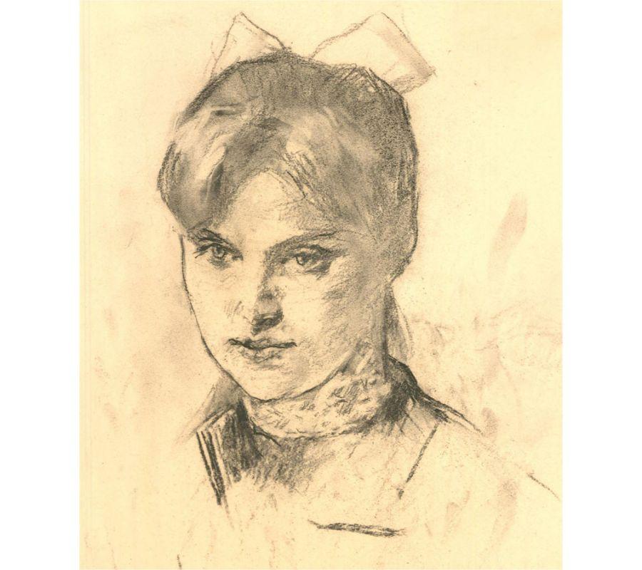 Un étonnant dessin au fusain de l'artiste russe Samouil Nevelshtein, représentant le portrait d'une fille avec un nœud dans les cheveux. Signé et daté dans le coin inférieur droit.

On a tissé.