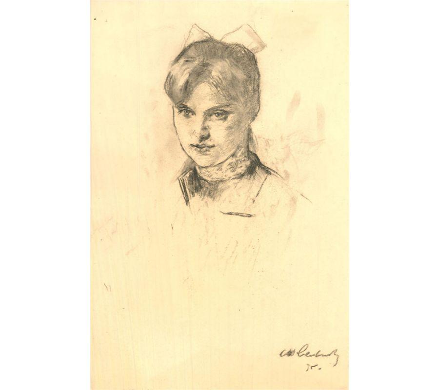 A striking charcoal drawing by the Russian artist Samouil Nevelshtein, depicting a portrait of a girl with a hair bow. Signed and dated to the lower right-hand corner.

On wove.