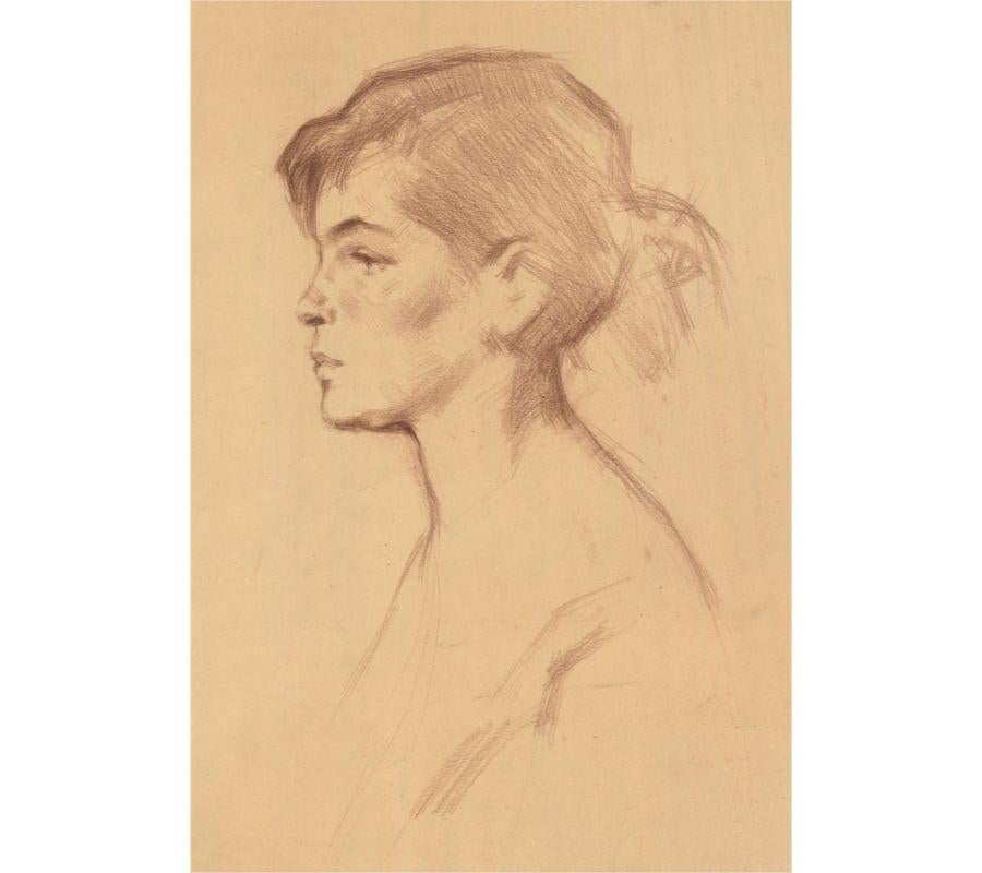 An expressive drawing by the Russian artist Samouil Nevelshtein, depicting a profile portrait of a girl. Unsigned. Inscribed in Cyrillic on the reverse. On wove.
