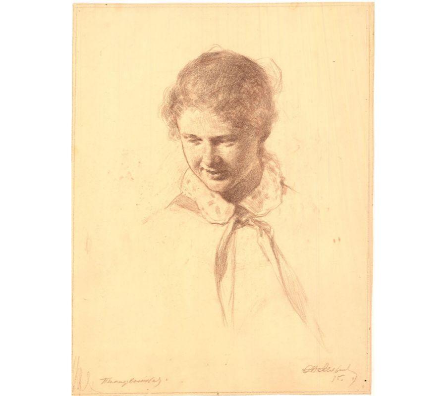 An expressive drawing by the Russian artist Samouil Nevelshtein, depicting a portrait of a young pioneer camp leader. The Young Pioneer camps of the Soviet Union were a place where children used to spend their summer and winter holidays. Signed and