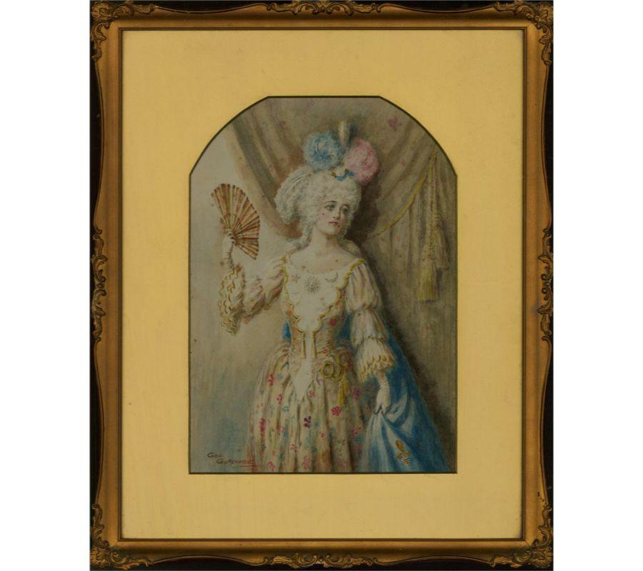 A turn-of-the-century portrait of a woman in stylised French 18th-century dress, a fleur-de-lis proudly emblazoned on her blue cloak. Presented in an arched gold card mount and an ornate gilt-effect wooden frame. Signed to the lower-left edge. On