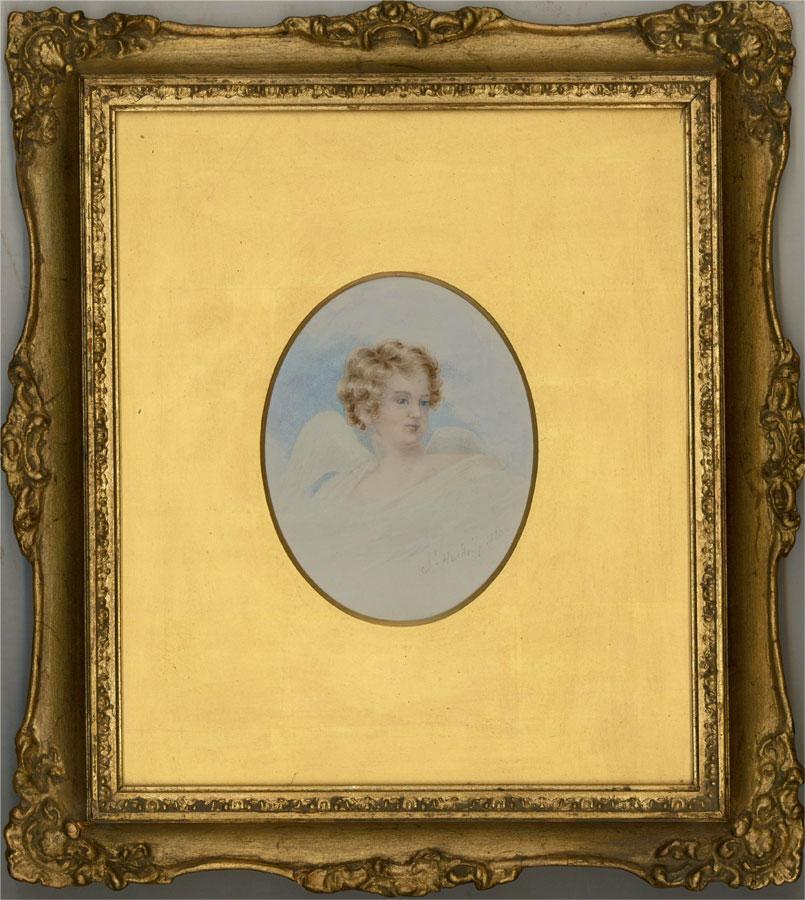 A delightful and finely detailed portrait of a winged cherub. Presented glazed in a gold mount and a distressed gilt frame. Signed and dated to the lower-right edge. On wove.
