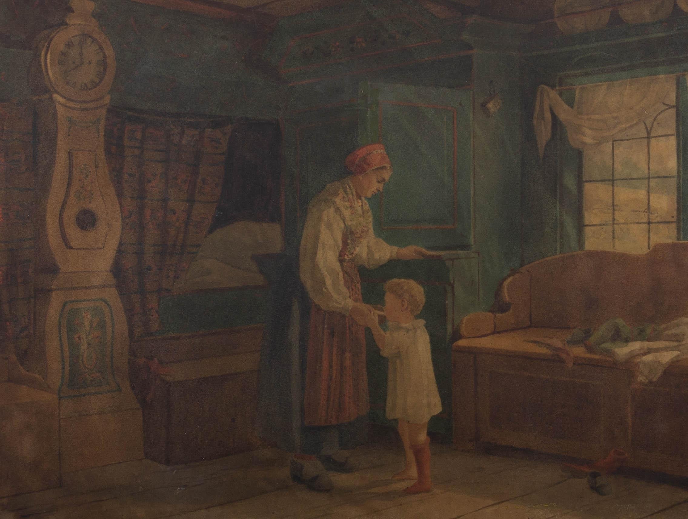 A fine watercolour scene in a traditional Swedish interior featuring a woman and child. Presented glazed in a clean white mount and wooden frame. Signed to the lower-left edge. On wove.
