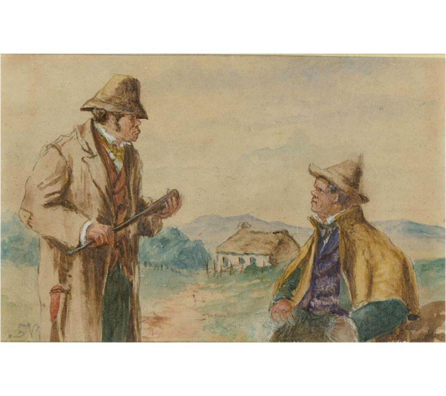 A humorous and richly characterful late 19th Century watercolour by the renowned and skilled painter, Erskine Nicol RSA ARA (1825â€“1904. The painting is filled with humor, showing a menacing man with a wooden club in hand, standing over a grumpy