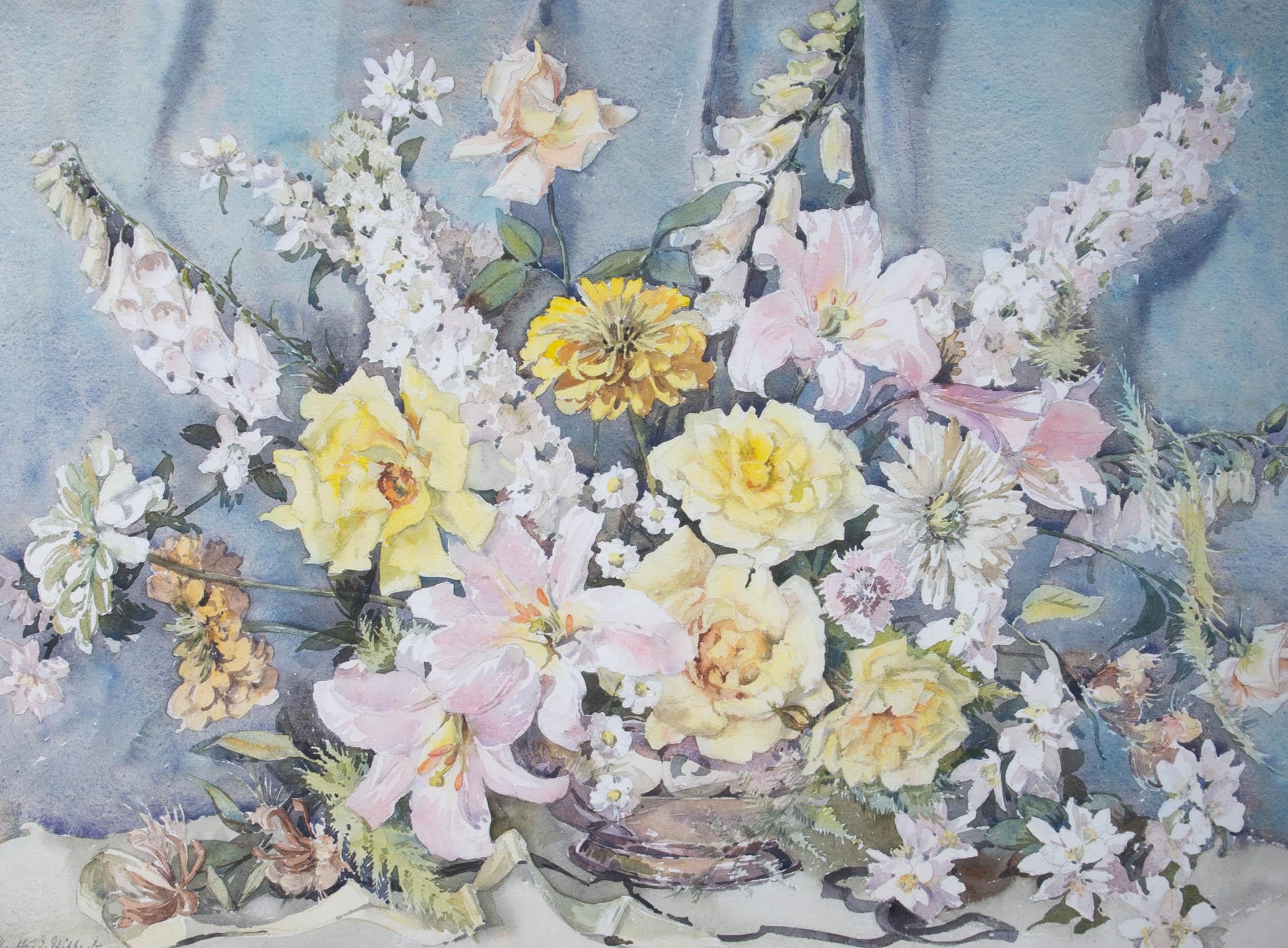 This large study of a display of flowers incorporates lilies, roses, foxgloves, hyacinths and honeysuckle among other pretty flowers. The artist's delicate touch has created a harmonious atmosphere in complementary colours. Signed to the lower left.