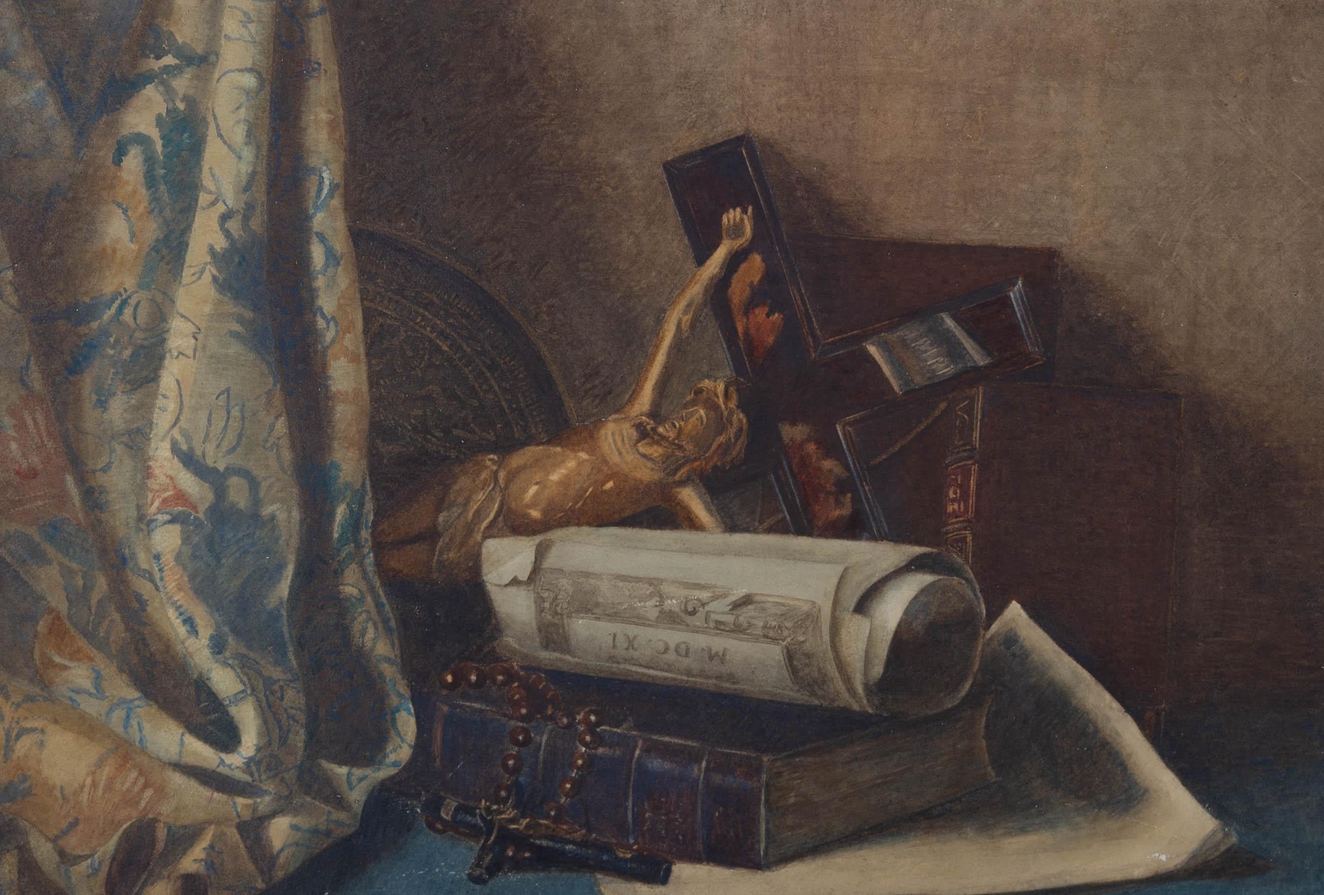 Early 20th Century Watercolour - Still Life with Religious Artefacts - Black Still-Life by Unknown