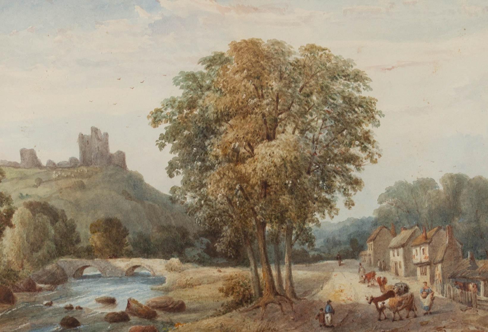 A charming watercolour depicting a village by a river. A ruined castle is perched on the hill in the distance, sheltering a flock of grazing sheep on the hillside. Cattle and figures walk along the street in the foreground. Presented glazed in a