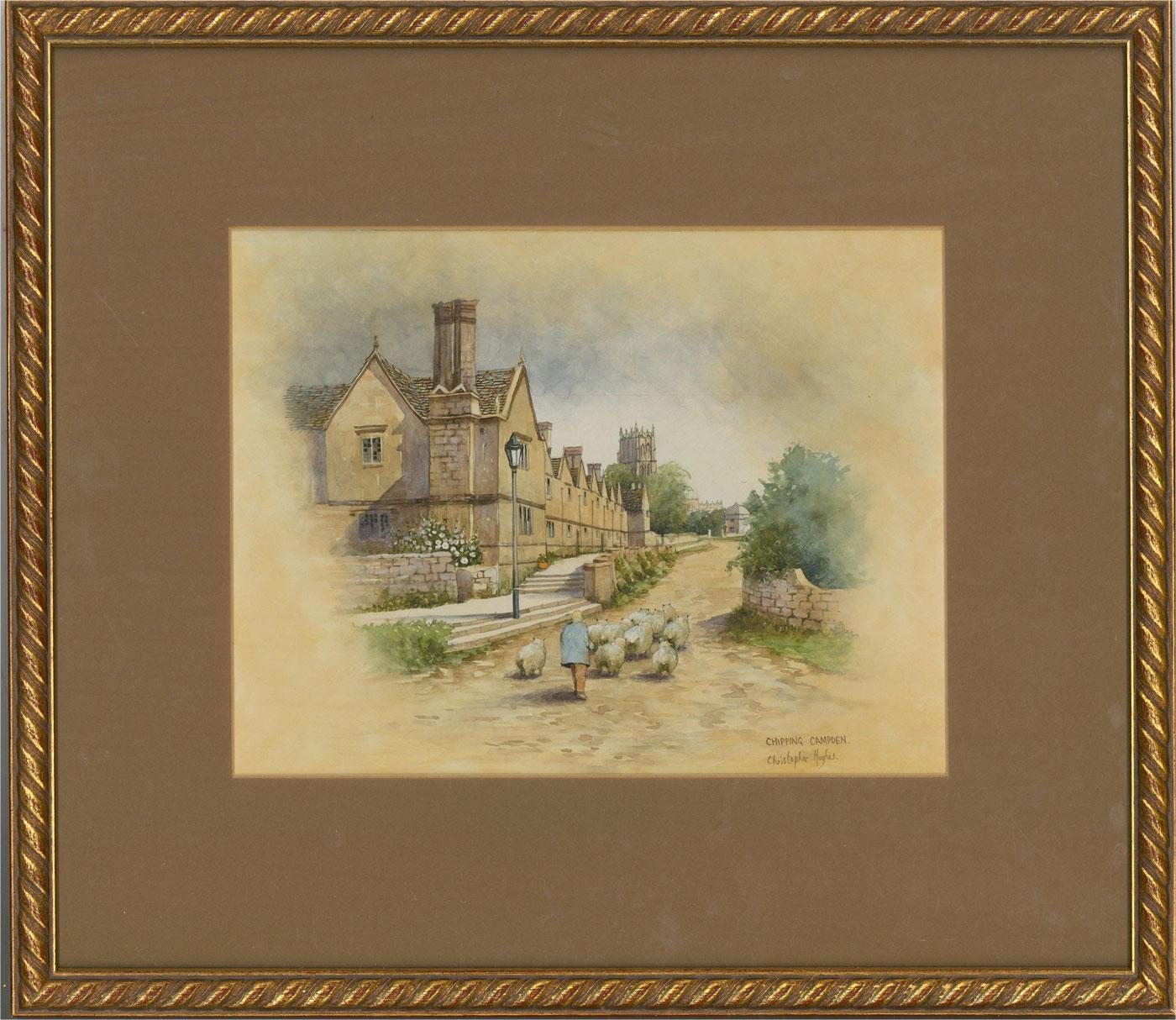 A street scene in the Cotswold market town of Chipping Campden. A figure herds a flock of sheep along the street. Presented glazed in a brown mount and a distressed gilt-effect wooden frame with twisted rope moulding at the edge. Signed and