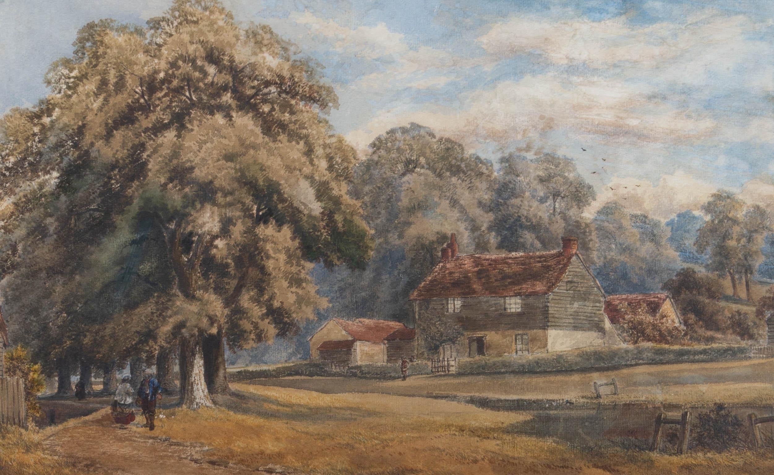 David Cox Jnr. ARWS (1809-1885) - Acquerello del 1841, Scena di villaggio con figure in vendita 1