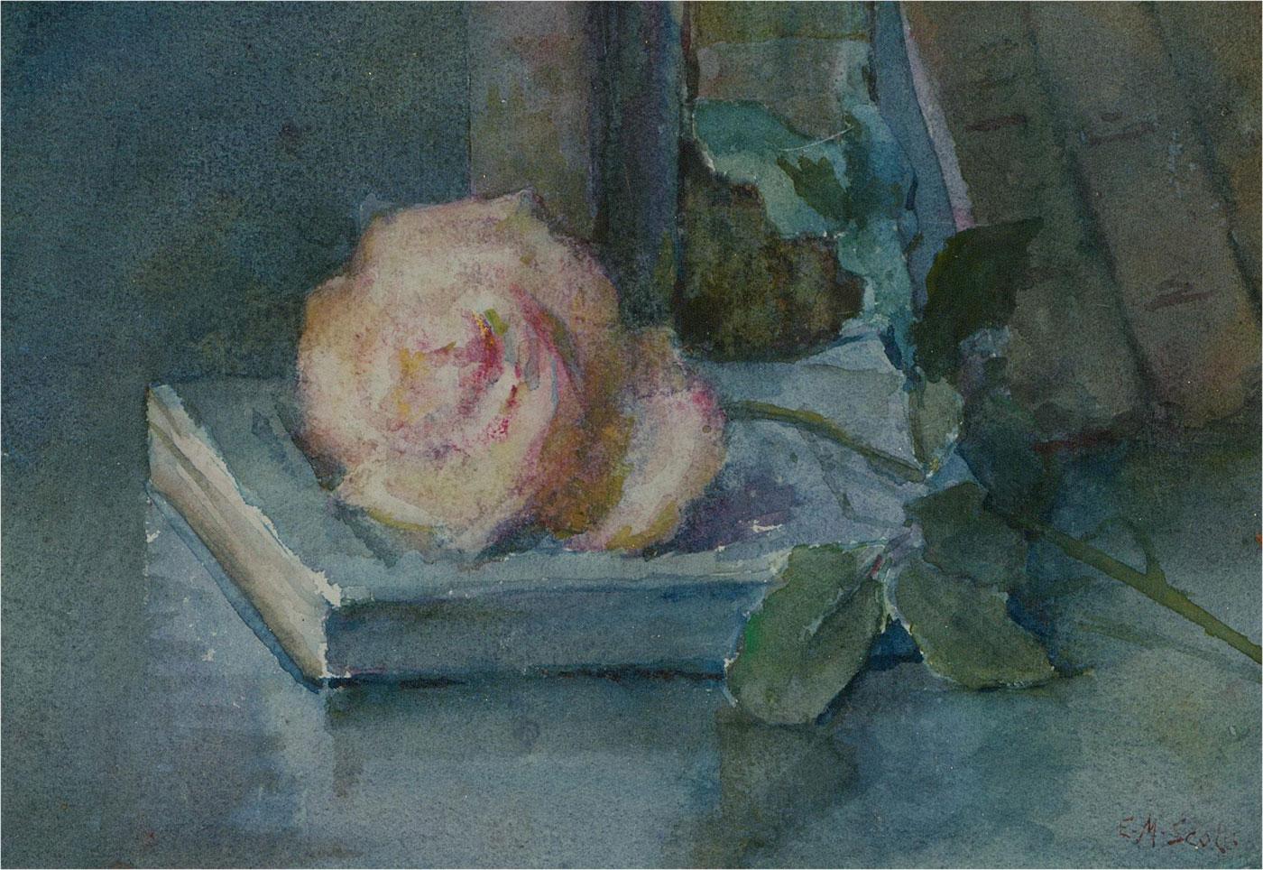 A beautifully accomplished watercolour painting by the American artist Emily Maria Scott, depicting a single pink rose resting on a book. Signed to the lower right-hand corner. Presented in a golden card mount and in a thin, gilt-effect frame. On