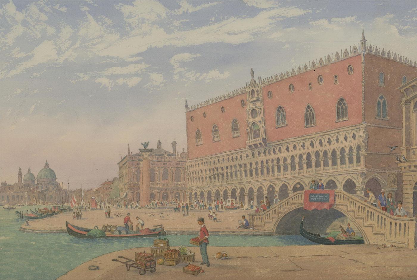 Eine eindrucksvolle Aquarelldarstellung des Dogenpalastes in Venedig. Das Gemälde ist auf schwerem Velourskarton gemalt. Auf schwerem Velin-Karton.
