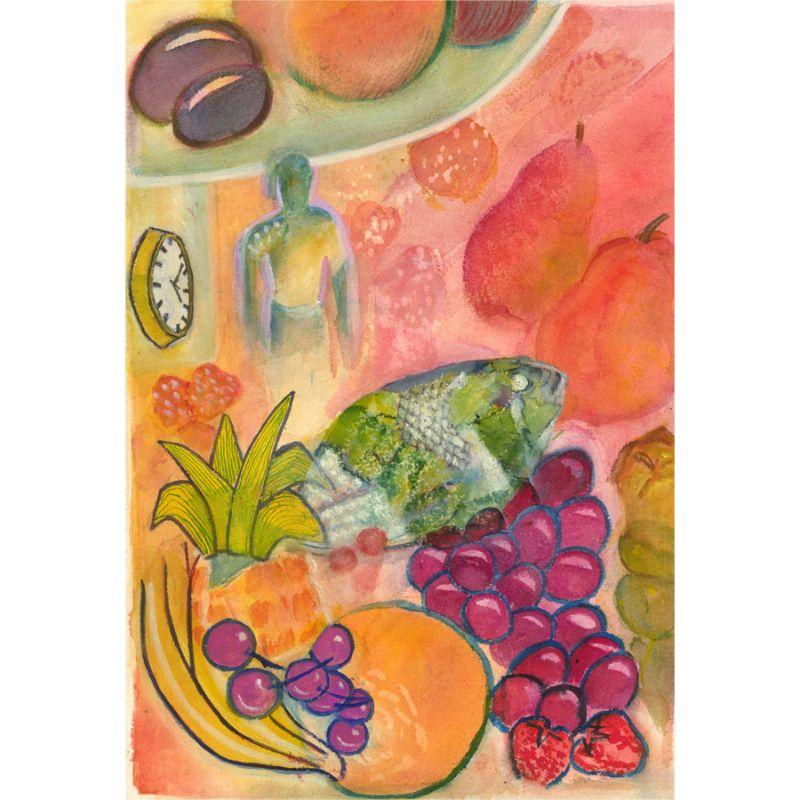 Une délicieuse nature morte de poissons et de fruits dans une palette joyeuse et vibrante. Un personnage mystérieux entre dans la scène à côté d'un cadenas en arrière-plan. La peinture n'est pas signée et a été finie avec une bordure en bois. Sur