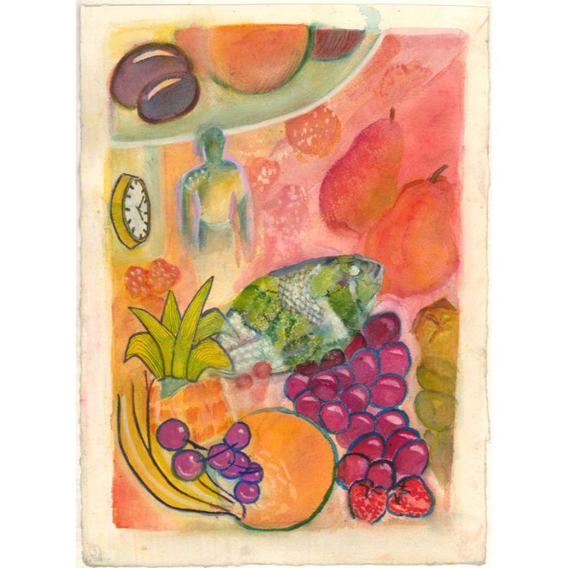 A delicious still life of fish and fruit in a joyous, vibrant palette. There is a mysterious figure entering the scene next to a c,lock in the background. The painting is unsigned and finished with a deckle edge. On watercolour wove board.
