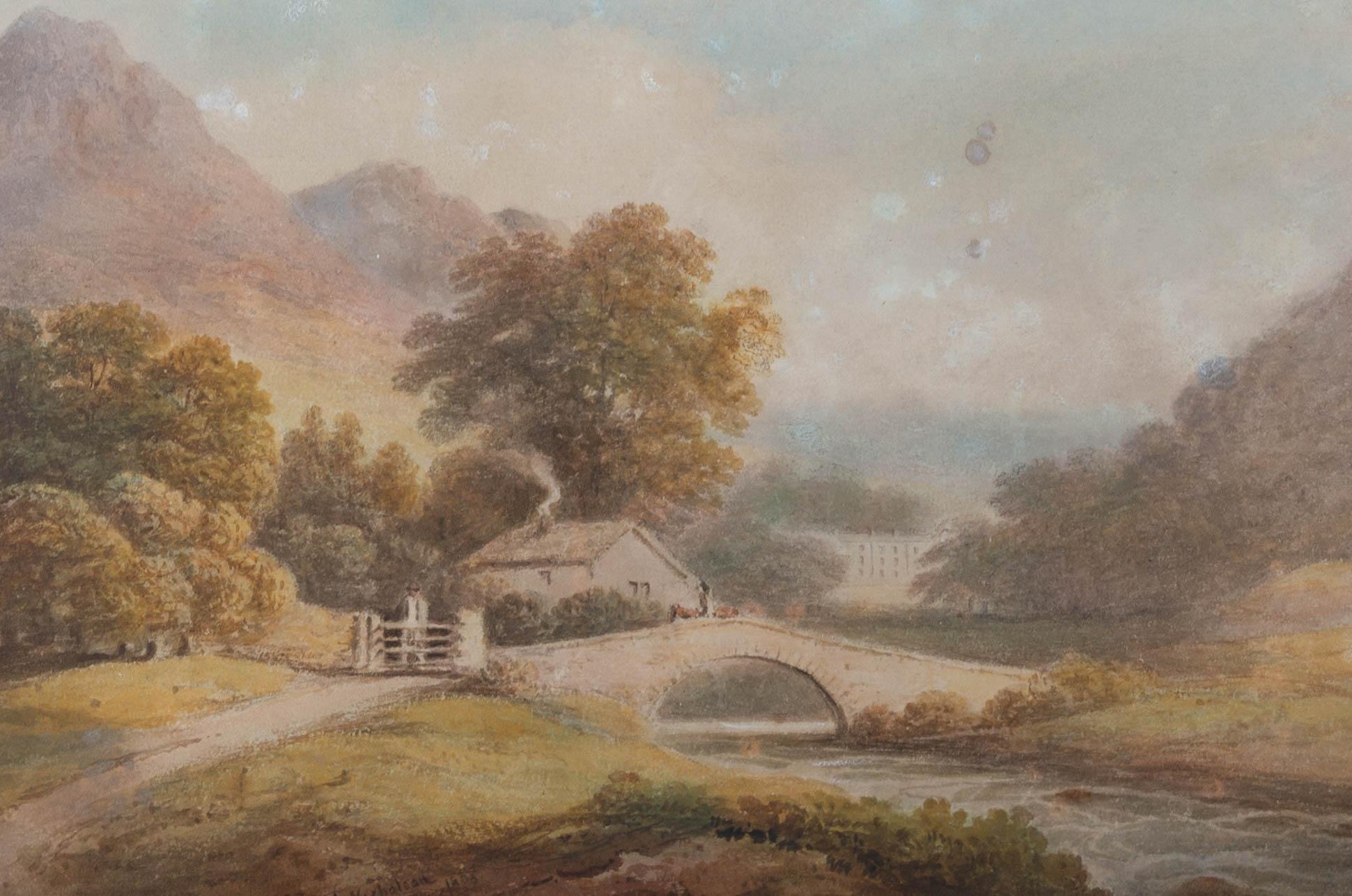 A view towards Rydal Hall in Westmorland, now Cumbria, by the prominent artist and 'father of watercolour painting' Francis Nicholson (1753-1844). Presented in a dark and sage green double mount and a distressed gilt-effect wooden frame. Signed and