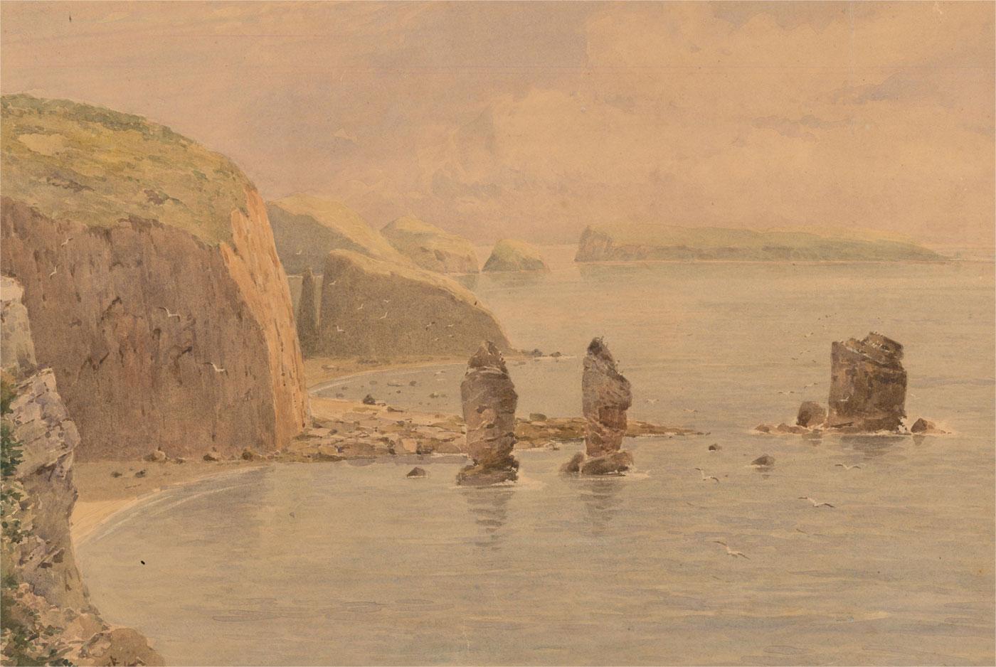 An exquisite mid 19th Century watercolour coastal scene by the skilled Danish painter, Peter Peterson Toft. The landscape is the impressive coastline of the island of Sark, one of the Channel islands of the United Kingdom. The artist has wonderfully